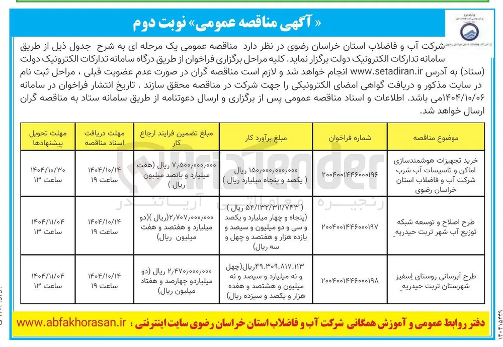 طرح اصلاح و توسعه شبکه توزیع آب شهر تربت حیدریه 
