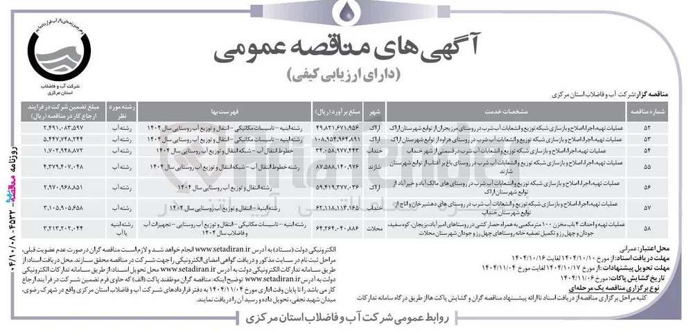 عملیات تهیه ، اجراء اصلاح و بازسازی شبکه توزیع و انشعابات آب شرب 