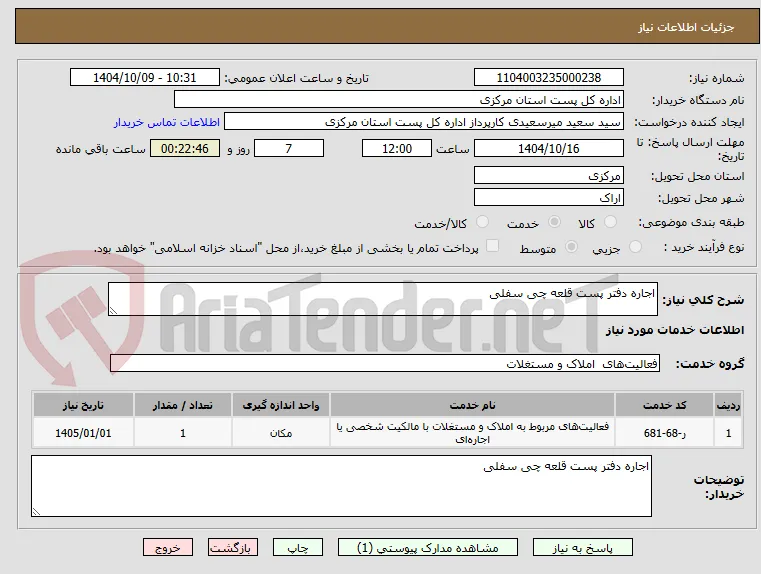 اجاره دفتر پست قلعه چی سفلی