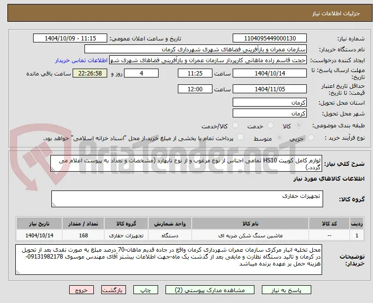لوازم کامل کوبیت HS10 تمامی اجناس از نوع مرغوب و از نوع نایهارد (مشخصات و تعداد به پیوست اعلام می گردد.)