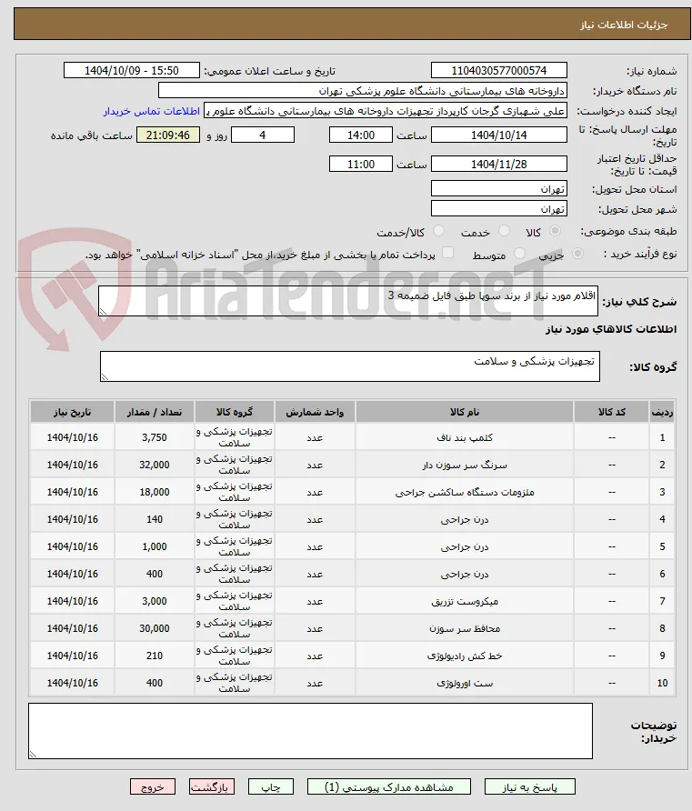 اقلام مورد نیاز از برند سوپا طبق فایل ضمیمه 3