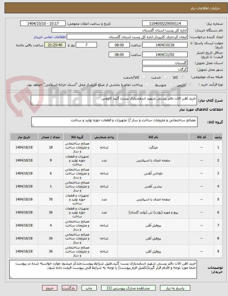 خرید اهن الات دفتر پستی شهید اسفندیاری پست گنبد کاووس