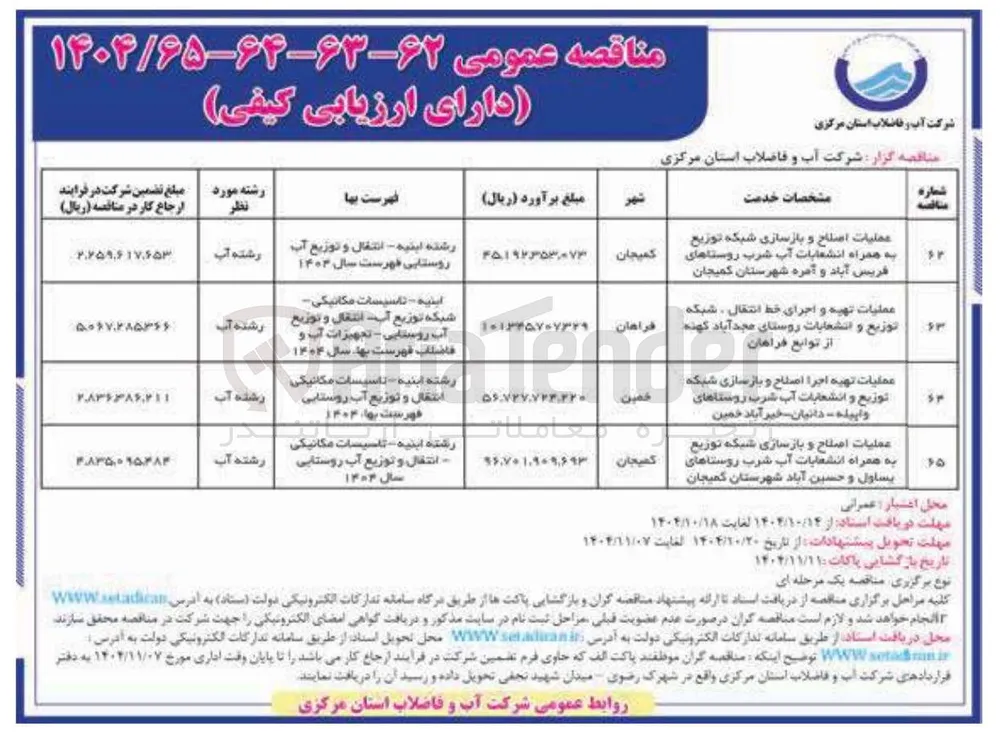عملیات اصلاح و بازسازی شبکه توزیع به همراه انشعابات آب شرب روستاها
