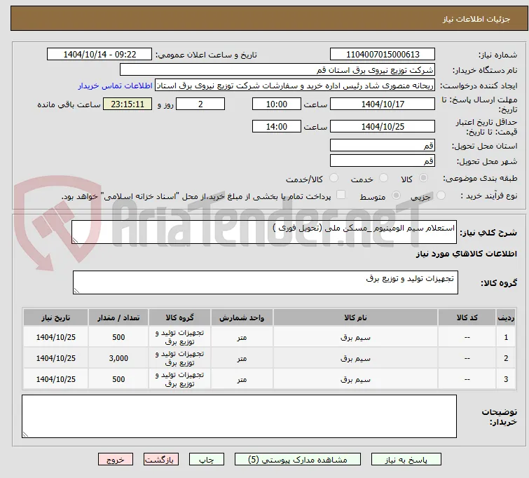 استعلام سیم الومینیوم _مسکن ملی (تحویل فوری )