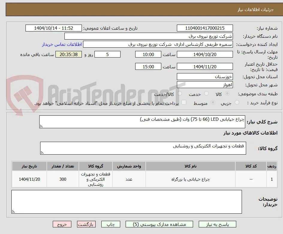 چراغ خیابانی LED (66 تا 75) وات (طبق مشخصات فنی)