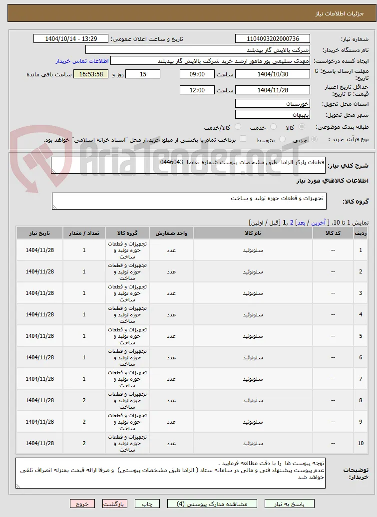 قطعات پارکر الزاما  طبق مشخصات پیوست شماره تقاضا  0446043