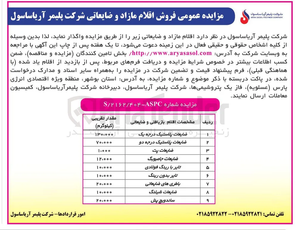  فروش اقلام مازاد و ضایعاتی