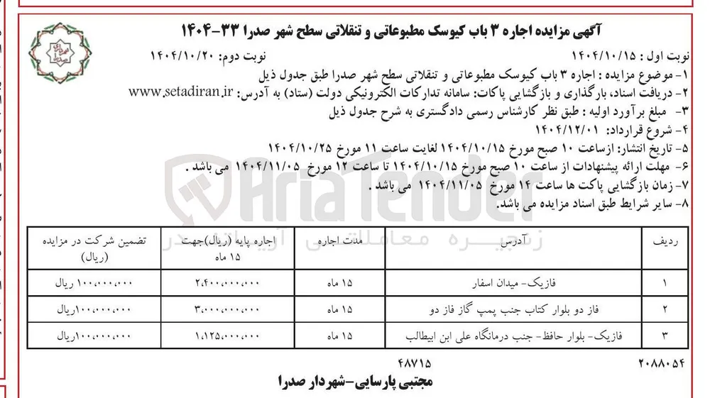 اجاره ۳ باب کیوسک مطبوعاتی و تنقلاتی سطح شهر 