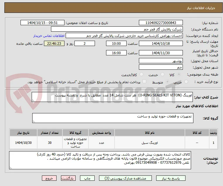 اورینگ (O-RING SEALS KIT VITON)  هر ست شامل 14 عدد  مطابق با شرح  و نقشه پیوست