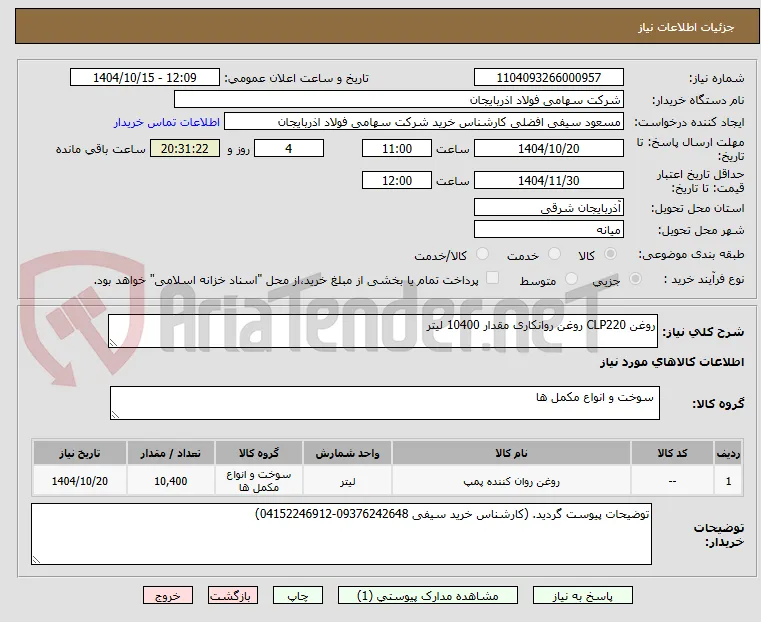 روغن CLP220 روغن روانکاری مقدار 10400 لیتر