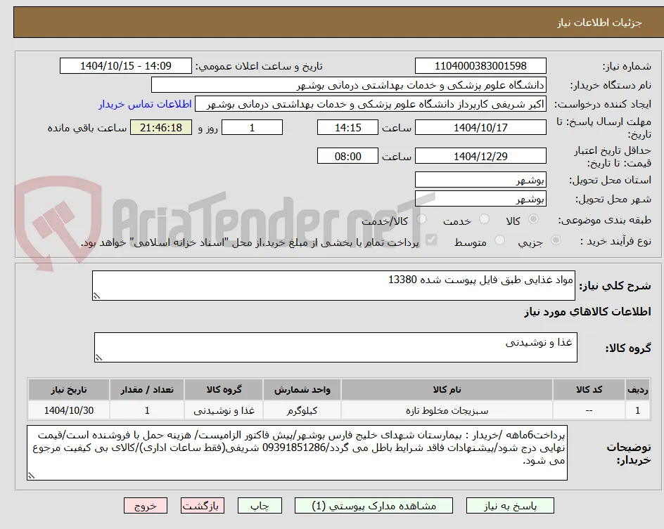 مواد غذایی طبق فایل پیوست شده 13380