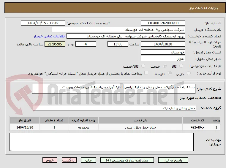 بسته بندی، بارگیری، حمل و نقل و تخلیه ترانس اندازه گیری جریان به شرح خدمات پیوست