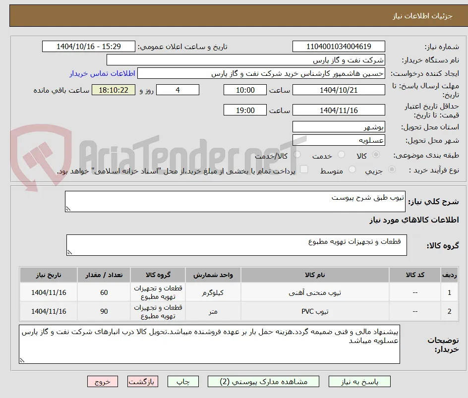 تیوب طبق شرح پیوست