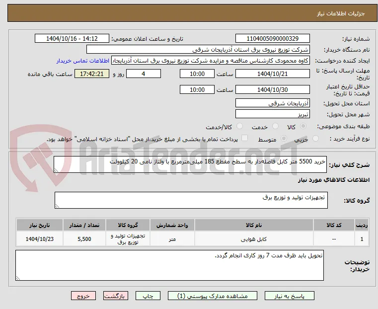 خرید 5500 متر کابل فاصله‌دار به سطح مقطع 185 میلی‌مترمربع با ولتاژ نامی 20 کیلوولت
