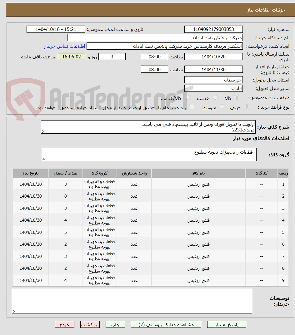اولویت با تحویل فوری وپس از تائید پیشنهاد فنی می باشد.
مریدی2231