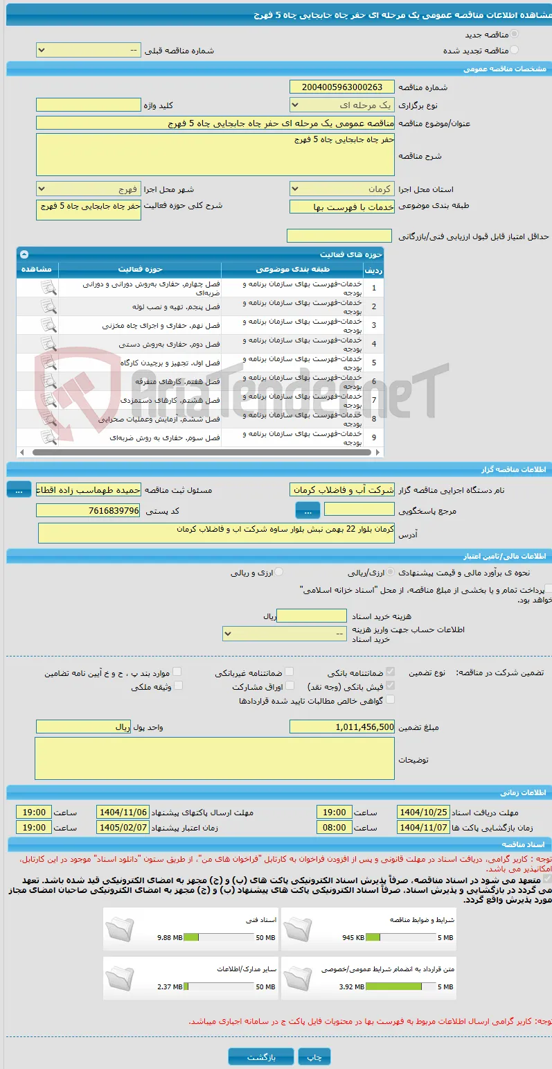 مناقصه عمومی یک مرحله ای حفر چاه جابجایی چاه 5 فهرج