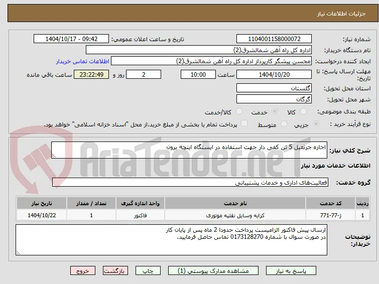 اجاره جرثغیل 5 تن کفی دار جهت استفاده در ایستگاه اینچه برون