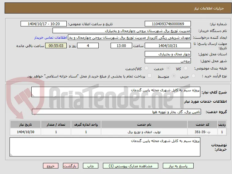 پروژه سیم به کابل شهری محله پایین گندمان