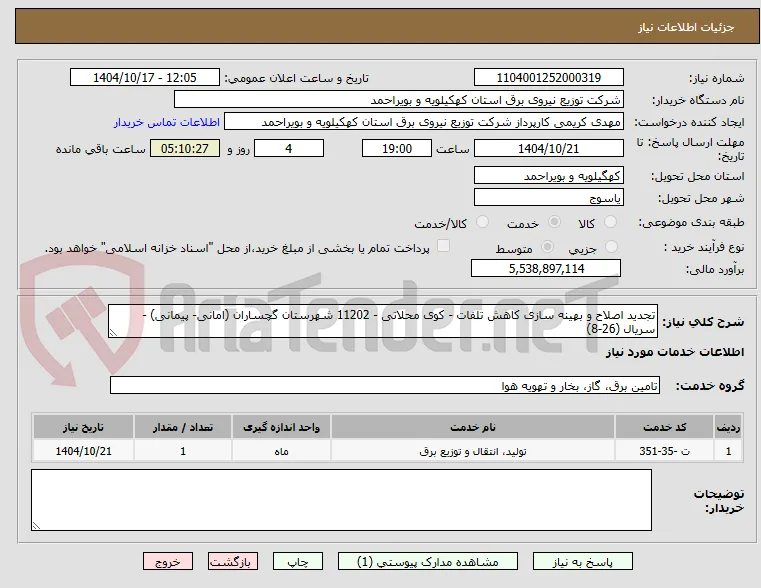 تجدید اصلاح و بهینه سازی کاهش تلفات - کوی محلاتی - 11202 شهرستان گچساران (امانی- پیمانی) - سریال (26-8)