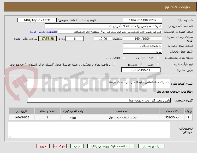 عملیات ساختمانی جابجای ترانس پست مراغه