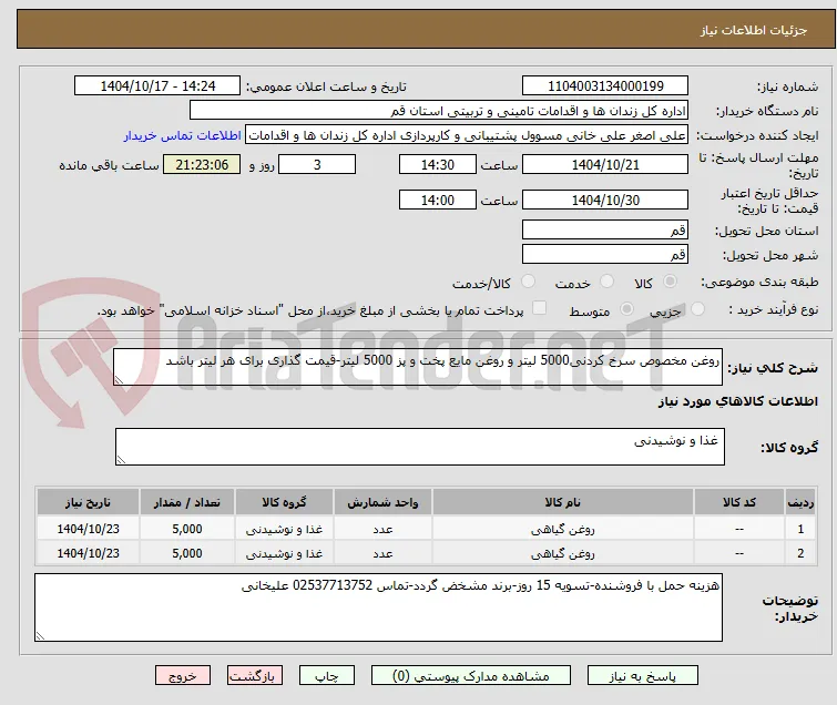 روغن مخصوص سرخ کردنی5000 لیتر و روغن مایع پخت و پز 5000 لیتر-قیمت گذاری برای هر لیتر باشد