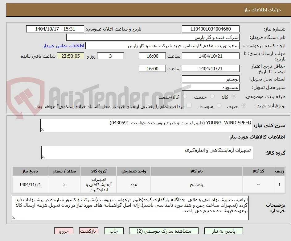YOUNG, WIND SPEED (طبق لیست و شرح پیوست درخواست-0430591)