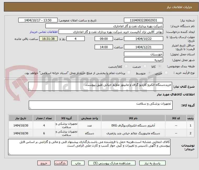 خریددستگاه الکترو کاردیو گراف و مانیتور علاِیم حیاتی طبق پیوست.