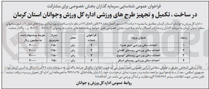 شناسایی سرمایه گذاران برای مشارکت در ساخت ، تکمیل و تجهیز احداث سالن ورزشی 