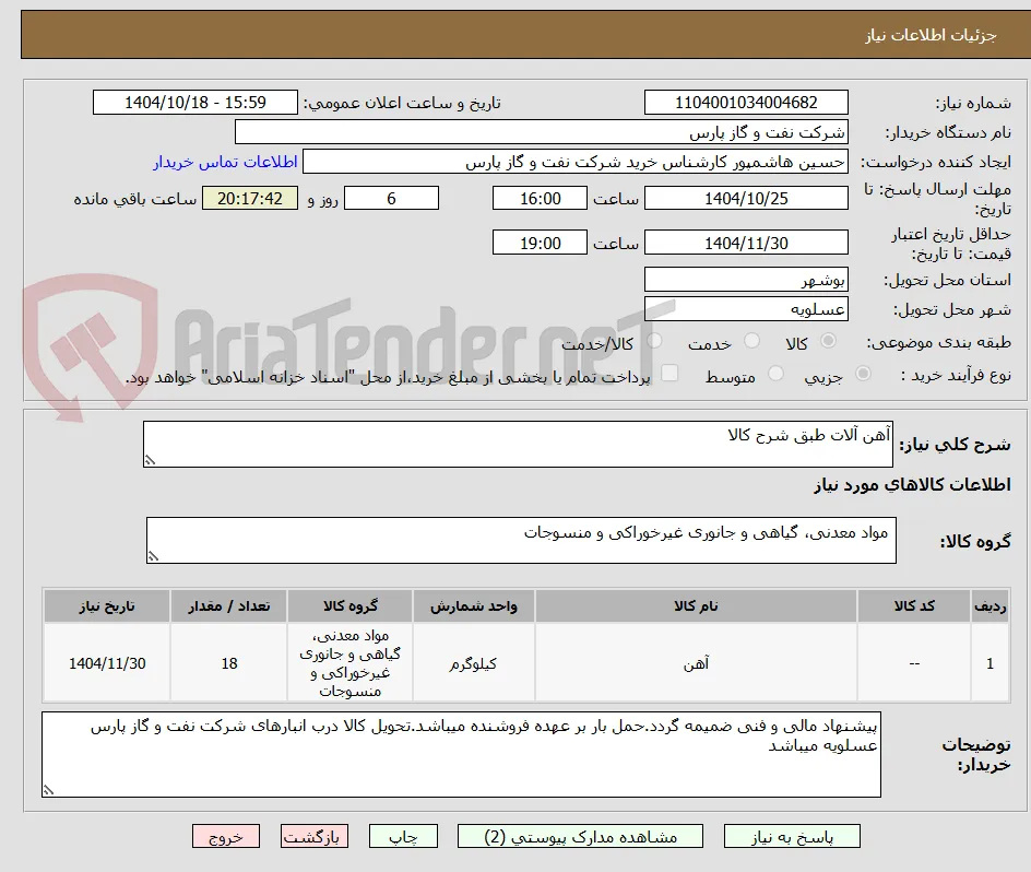 آهن آلات طبق شرح کالا