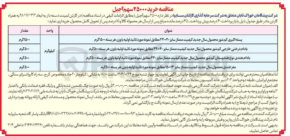 بادام درختی خارجی کم شور محصول سال جدید کیفیت ممتاز سایز ۲۰-۲۳ مطابق نمونه مورد تائید اولیه با وزن هر بسته ۵۰۰ گرم 
