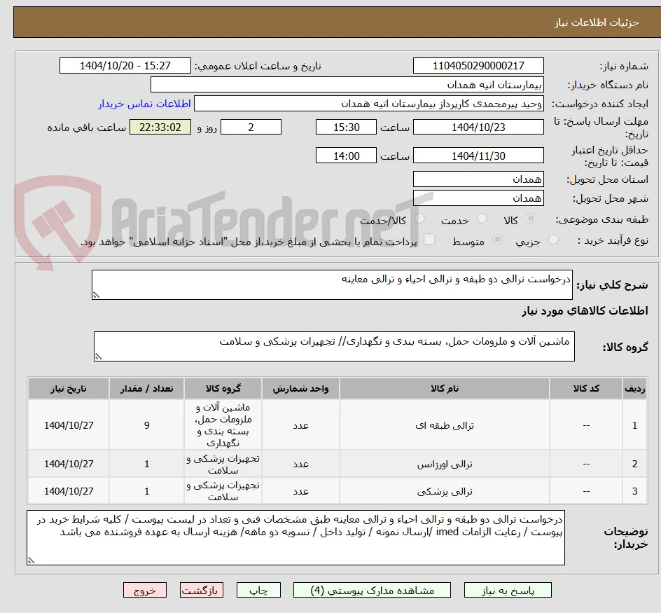 درخواست ترالی دو طبقه و ترالی احیاء و ترالی معاینه 