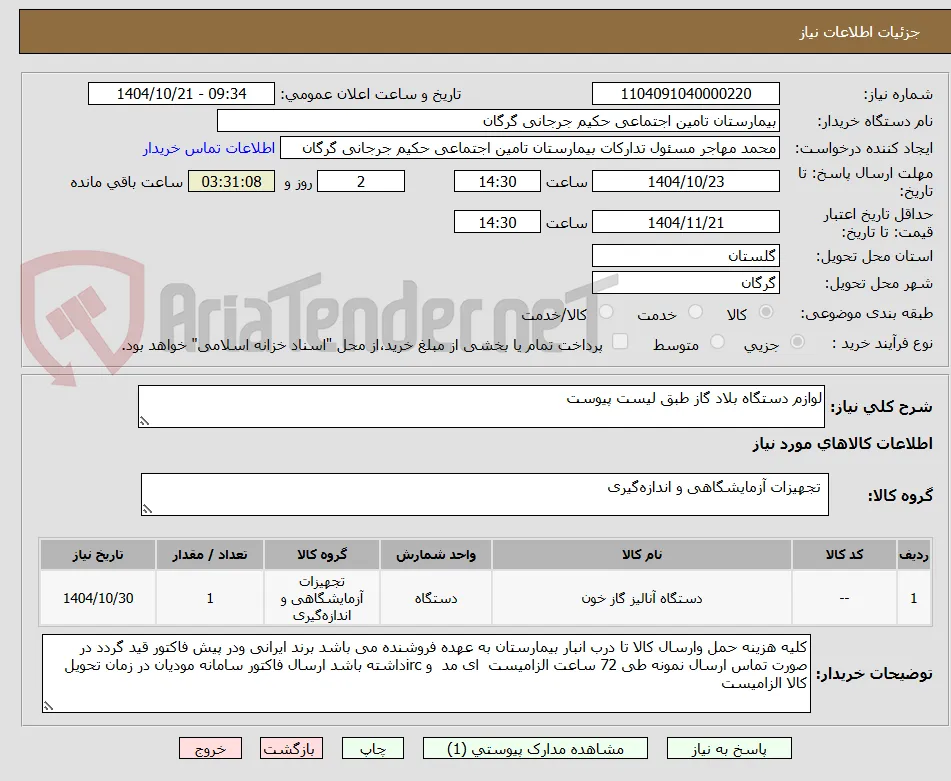 لوازم دستگاه بلاد گاز طبق لیست پیوست