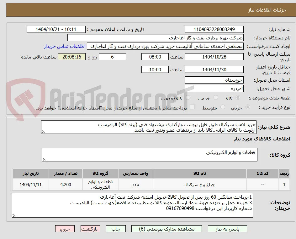 خرید لامپ سیگنال طبق فایل پیوست،بارگذاری پیشنهاد فنی (برند کالا) الزامیست
اولویت با کالای ایرانی.کالا باید از برندهای عضو وندور نفت باشد