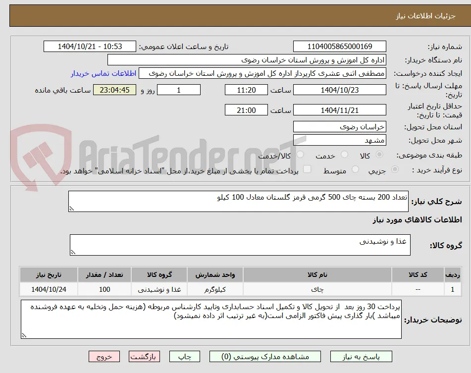 تعداد 200 بسته چای 500 گرمی قرمز گلستان معادل 100 کیلو 