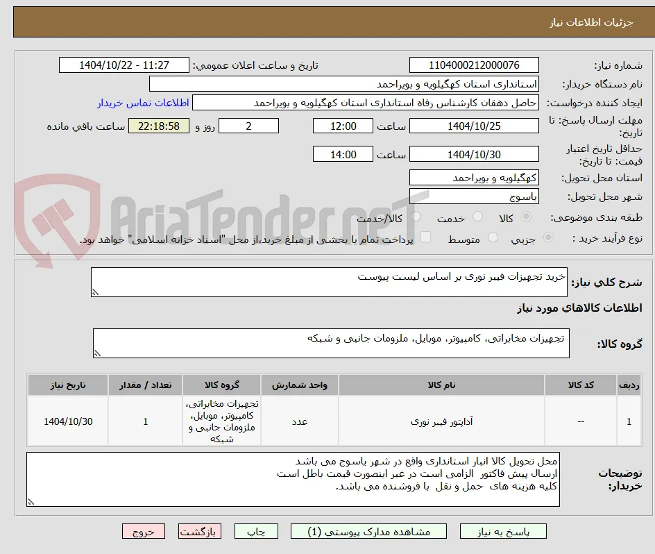 خرید تجهیزات فیبر نوری بر اساس لیست پیوست