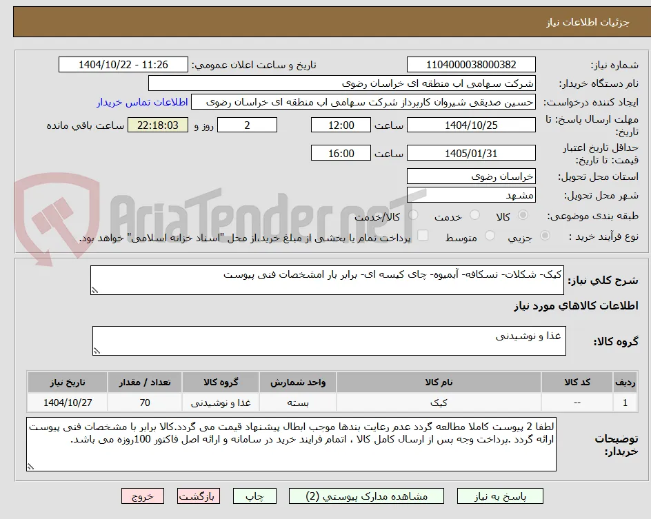 کیک- شکلات- نسکافه- آبمیوه- چای کیسه ای- برابر بار امشخصات فنی پیوست