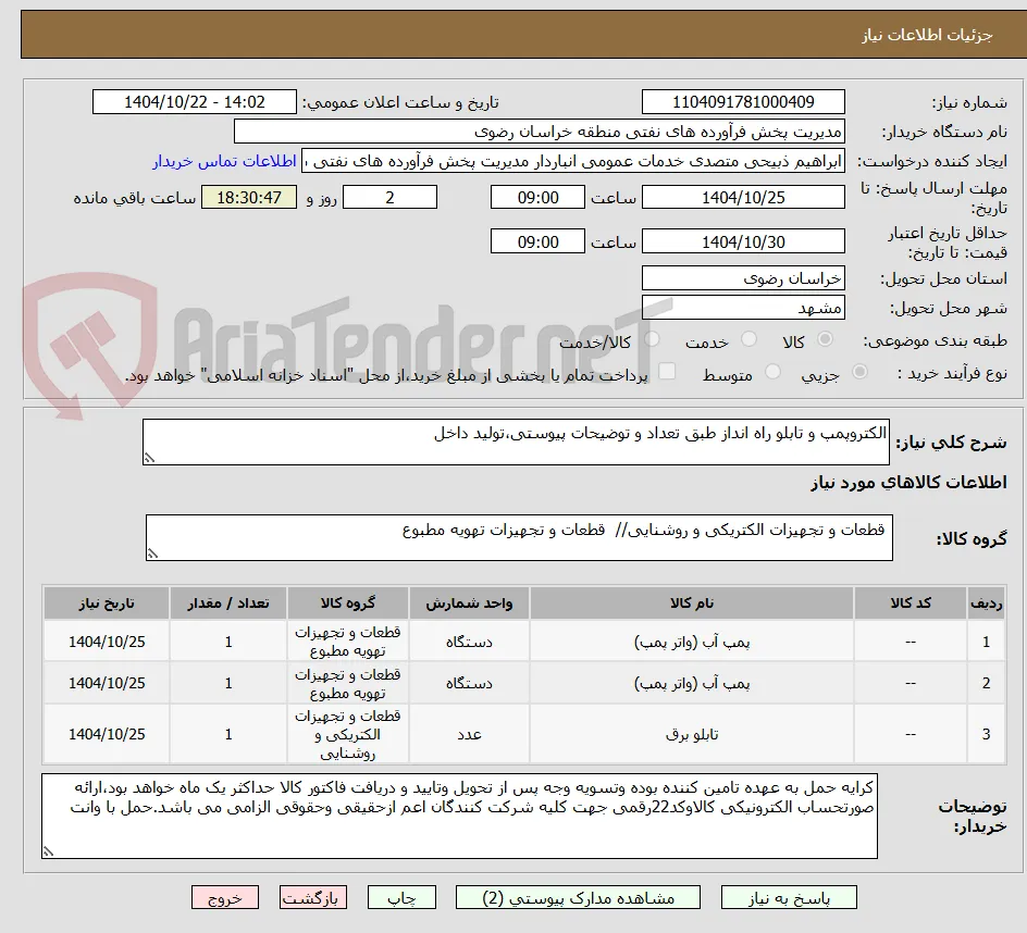 الکتروپمپ و تابلو راه انداز طبق تعداد و توضیحات پیوستی،تولید داخل