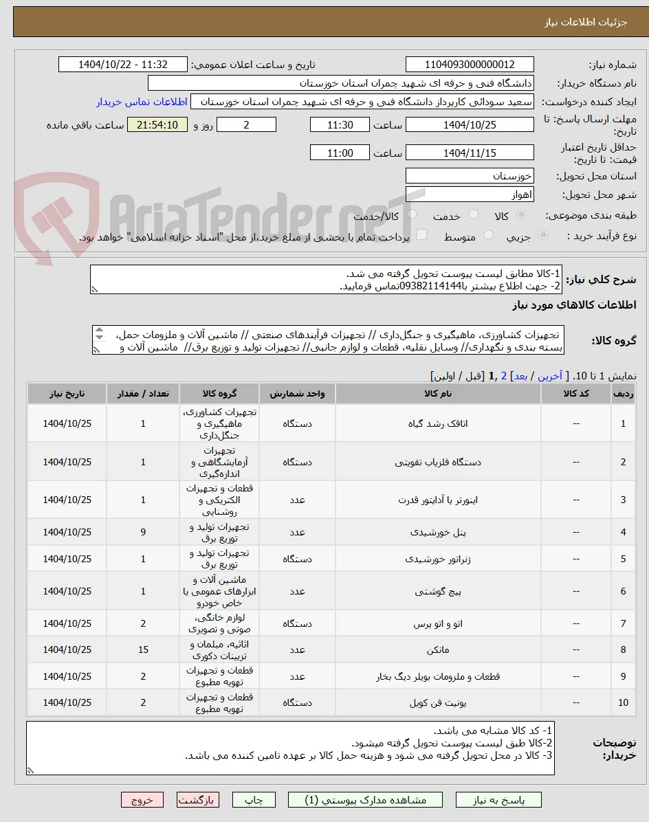 1-کالا مطابق لیست پیوست تحویل گرفته می شد.
2- جهت اطلاع بیشتر با09382114144تماس فرمایید.