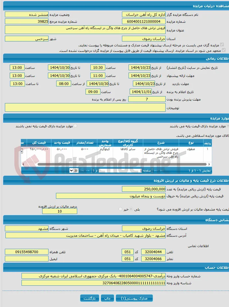 فروش تراش های حاصل از چرخ های واگن در ایستگاه راه آهن سرخس