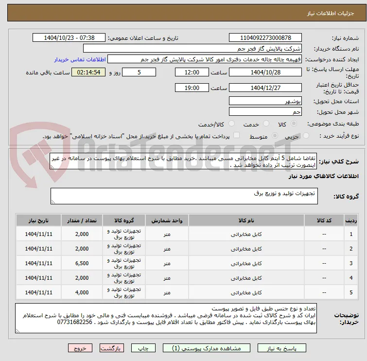 تقاضا شامل 5 آیتم کابل مخابراتی مسی میباشد .خرید مطابق با شرح استعلام بهای پیوست در سامانه در غیر اینصورت ترتیب اثر داده نخواهد شد .