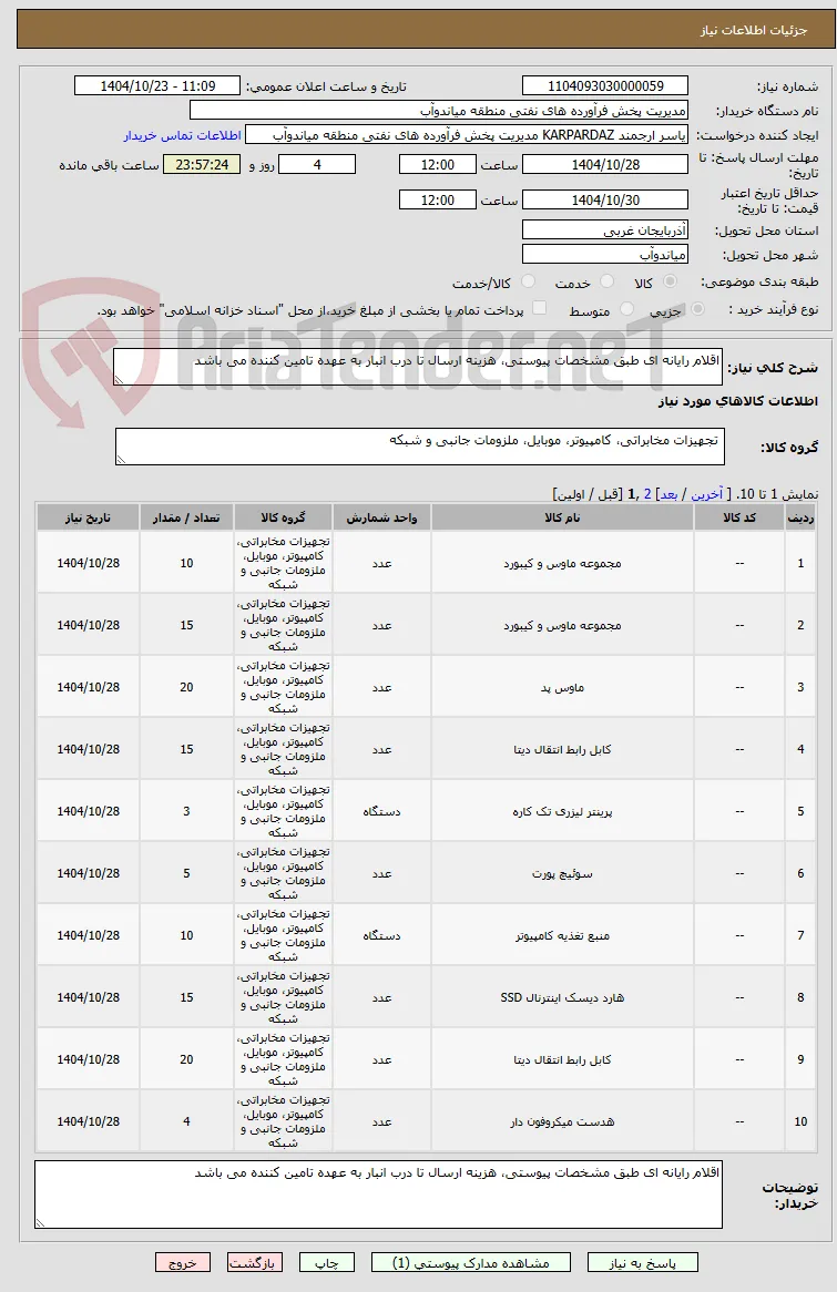 اقلام رایانه ای طبق مشخصات پیوستی، هزینه ارسال تا درب انبار به عهده تامین کننده می باشد