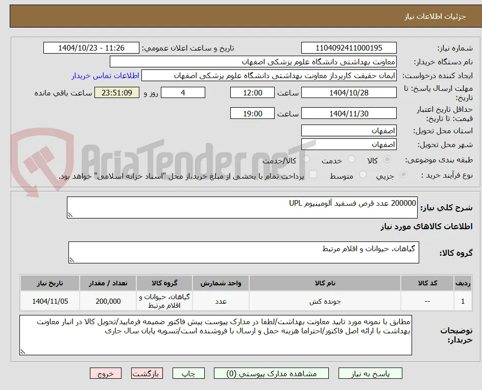 200000 عدد قرص فسفید آلومینیوم UPL
