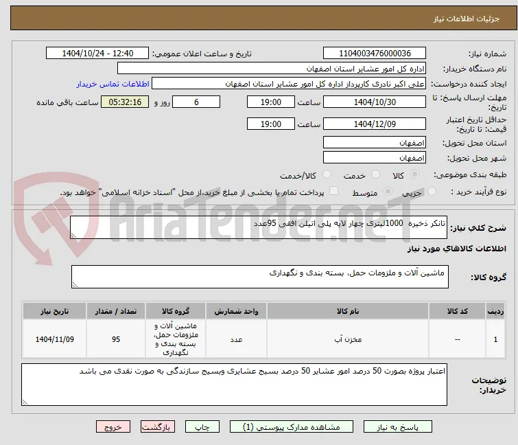 تانکر ذخیره  1000لیتری چهار لایه پلی اتیلن افقی 95عدد 