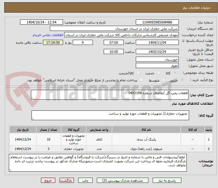قطعات پمپ گل /تقاضای شماره 0432199