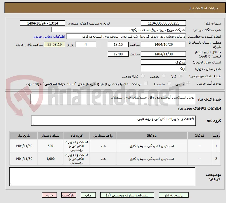 بوش اسپلایس آلومینیومی وفق مشخصات فنی استعلام