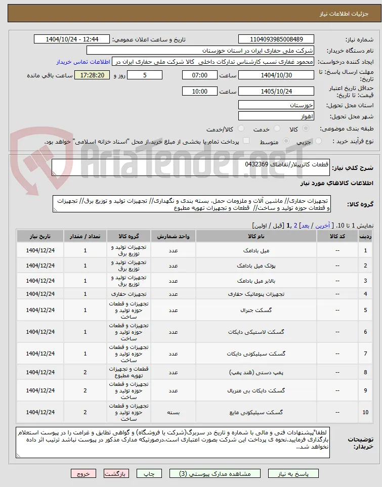 قطعات کاترپیلار/تقاضای 0432369