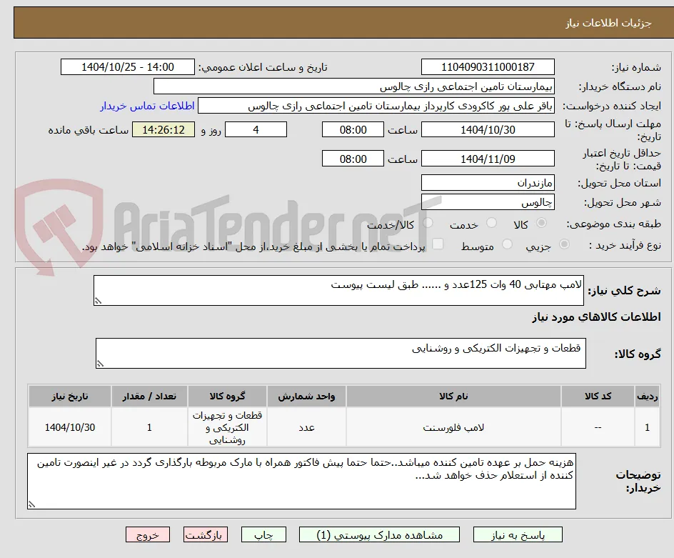 لامپ مهتابی 40 وات 125عدد و ...... طبق لیست پیوست