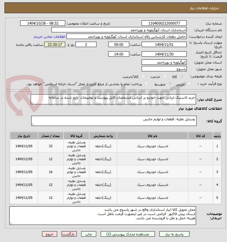 خرید لاستیک ایرانی جهت خودرو بر اساس مشخصات فایل پیوست و توضیحات  درج شده در سامانه