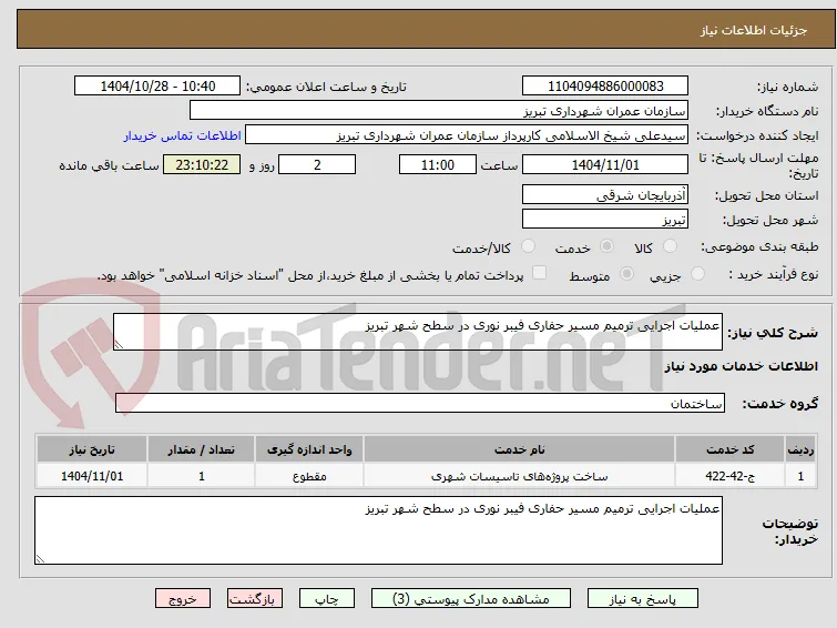 عملیات اجرایی ترمیم مسیر حفاری فیبر نوری در سطح شهر تبریز