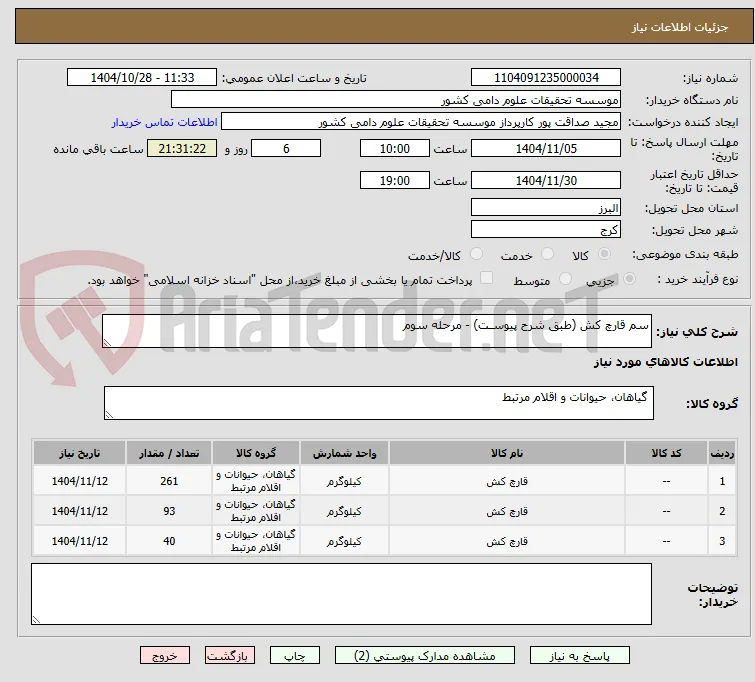 سم قارچ کش (طبق شرح پیوسـت) - مرحله سوم